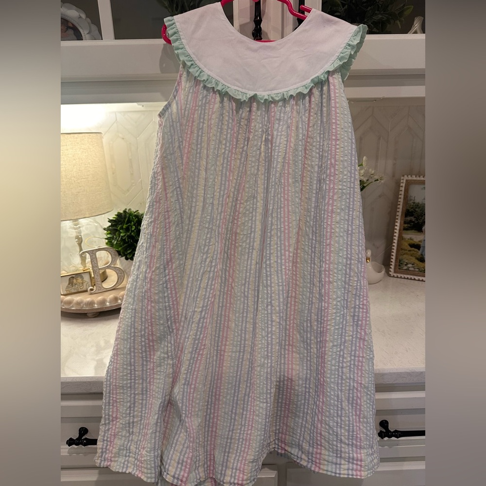 Girls' Pastel Stripe Ruffle Neck Dress - White, Pink, Mint